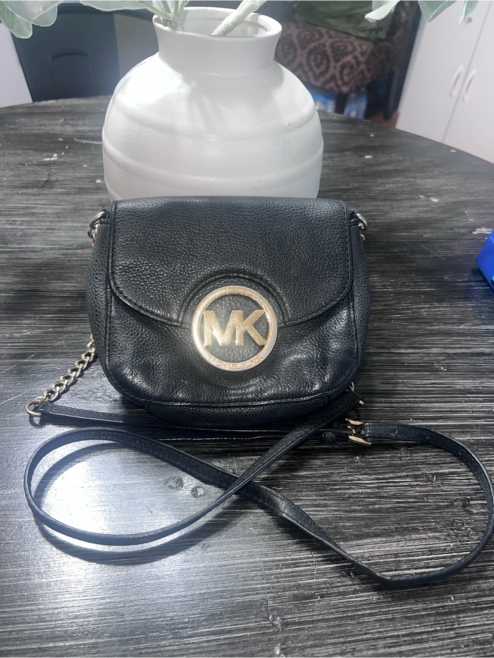 Michael Kors Black Pebbled Leather Crossbody with Gold MK Emblem